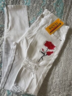 White Skinny Jeans with Red Rose Embroidery